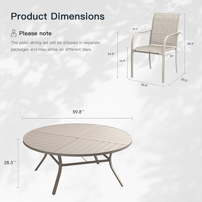 VICLLAX 11 Pieces Patio Outdoor Dining Set, 60" Large Round Metal Table with Umbrella Hole and 10 Stackable Textilene Chairs for Patio, Lawn, Garden, Porch, Sandshell