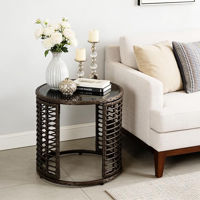 Patio Rattan Side Table - Outdoor Wicker Fashionable Side Table, Round End Table with Glass Table Top for Garden, Backyard, Porch, Deck, Black Gold