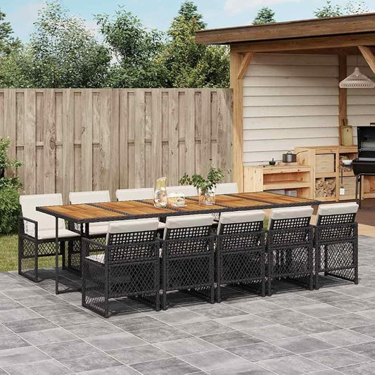 11-Piece Outdoor Dining Set, Acacia Wood Table and 10 Poly Rattan Chairs, Patio Garden Furniture for Backyard Entertaining, Black and Cream