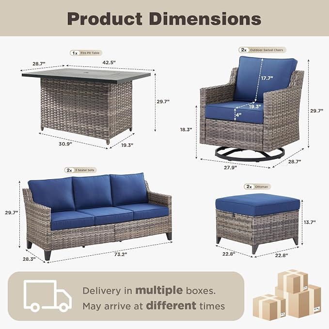 Belord Patio Wicker Swivel Rocker Patio Chairs with 3-Seater Sofa and Propane Fire Pit Table, Outdoor Furniture Set for Deck Porch Poolside, 7 Piece Patio Conversation Furniture Set,Blue