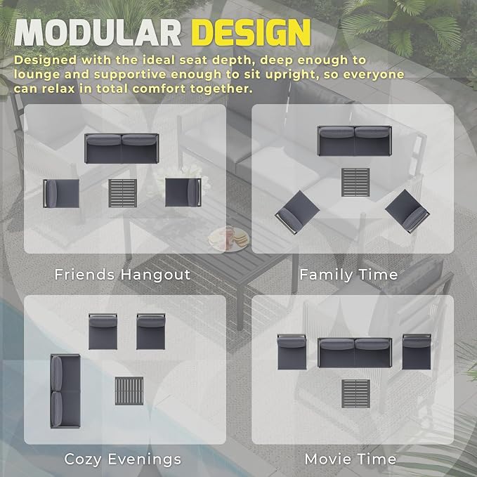 U-MAX Aluminum Patio Furniture Set 4 Seats Outdoor Sectional Couch with Coffee Central Table Patio Conversation Sets for Porch Deck (Dark Grey, with Retractable Sofa Couch and Single Sofa)