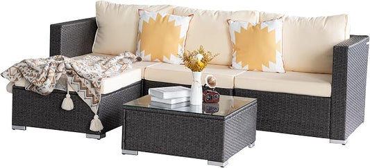 5 Piece Rattan Patio Furniture Set, Outdoor Patio Conversation Set | Soft Removable Cushion and Backrest, Tempered Coffee Table, Modern Chairs and Table Sets for Porch, Garden, Lawn, Grey/Beige