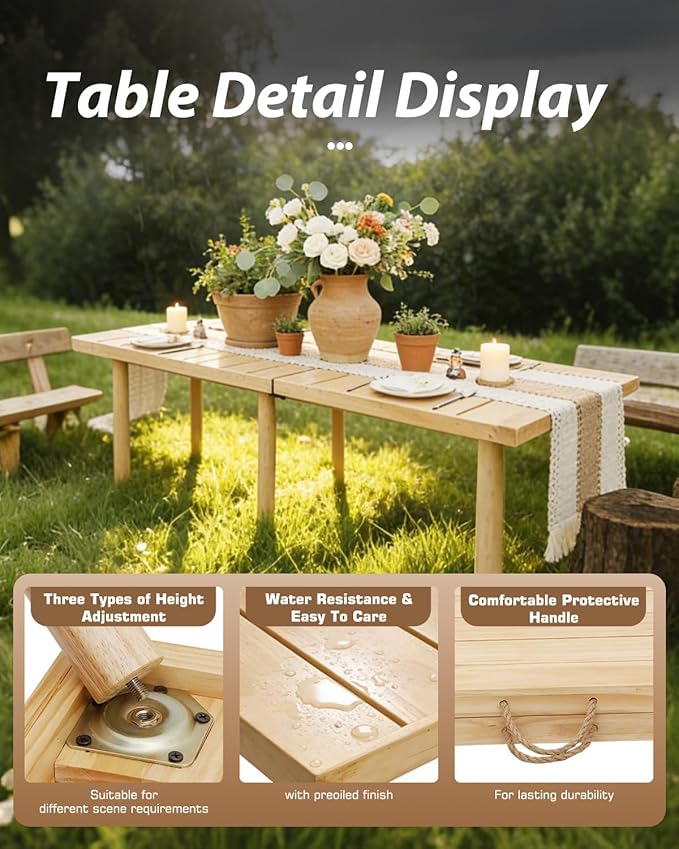 48" X 24" Boho Low Picnic Table, Portable Wooden Picnic Table with 3 Adjustable Heights, Natural Pine Wood Floor Table for Camping, Weddings, Beach & Family Gatherings, Seating for 2-4 People