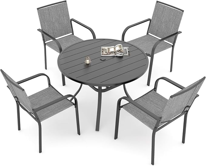 5 Piece Outdoor Patio 41" Round Metal Table and Grey Stackable Chairs Set | 4 Piece Stackable Chairs Textilene Seat and Back, Table and Chair with Metal Frame, Round Slat Table Top, 1.9" Umbrella Hole