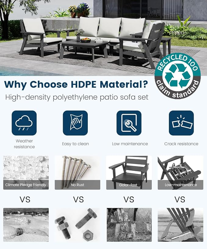 FOOWIN 7-Piece Patio Furniture Set, HDPE All-Weather Outdoor Conversation Set with Thick Cushions, Sectional Patio Sofa Furniture for Deck, Porch, Lawn, Garden, Grey Frame & White Cushion