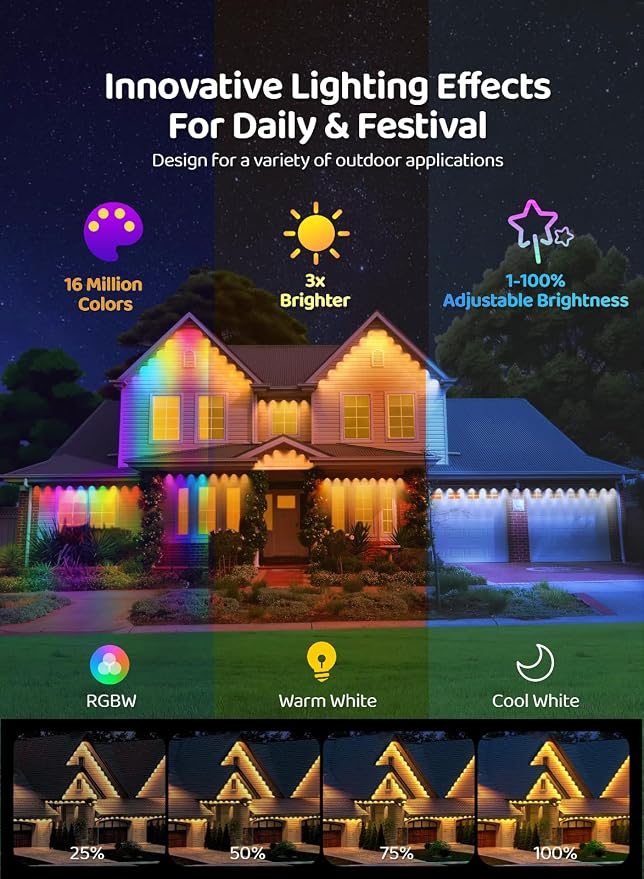 Gaoxun 200ft Permanent Outdoor Lights, RGBW Smart LED Christmas Lights with 72 LED, APP/Remote Control, Dimmable, 47 Scene Modes, Timer, IP67 Waterproof Eaves Lighting for Daily Holiday Decorations