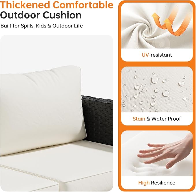 LazySunsets 1 Piece 3-Seats Outdoor Patio Sofa Outdoor Patio Furniture Set, Rattan Outdoor Sectional with Thick Waterproof Cushions, Waterproof Cover, Patio Conversation Set for Backyard, Beige