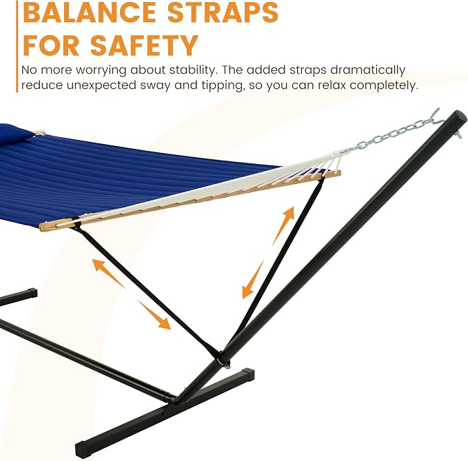 Lazy Daze Hammocks 2 Person Portable Hammock with 12FT Stand for Outside, 10.5FT Quilted Double Hammock with Spreader Bar and Detachable Pillow, 450lbs Capacity for Outdoor Patio, Navy Blue