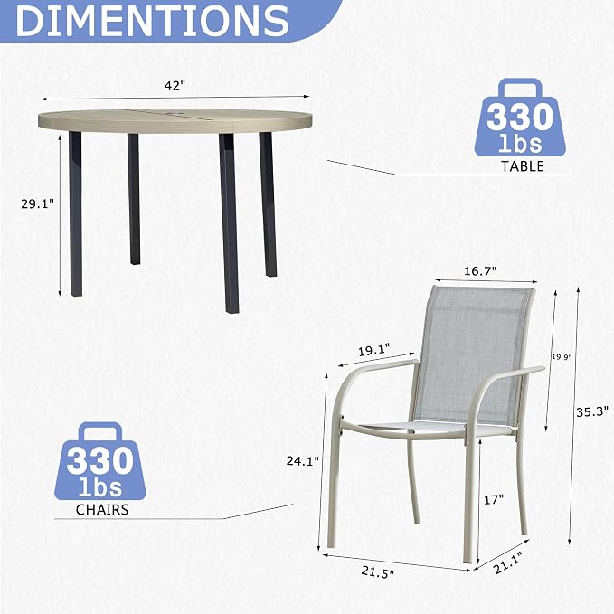 5 Piece Patio Dining Set for 4, 42” Honey Oak Round Table with Umbrella Hole and 4 Beige Blue Patio Stackable Chairs, Patio Table and Chairs for Backyard, Lawn, Deck & Garden