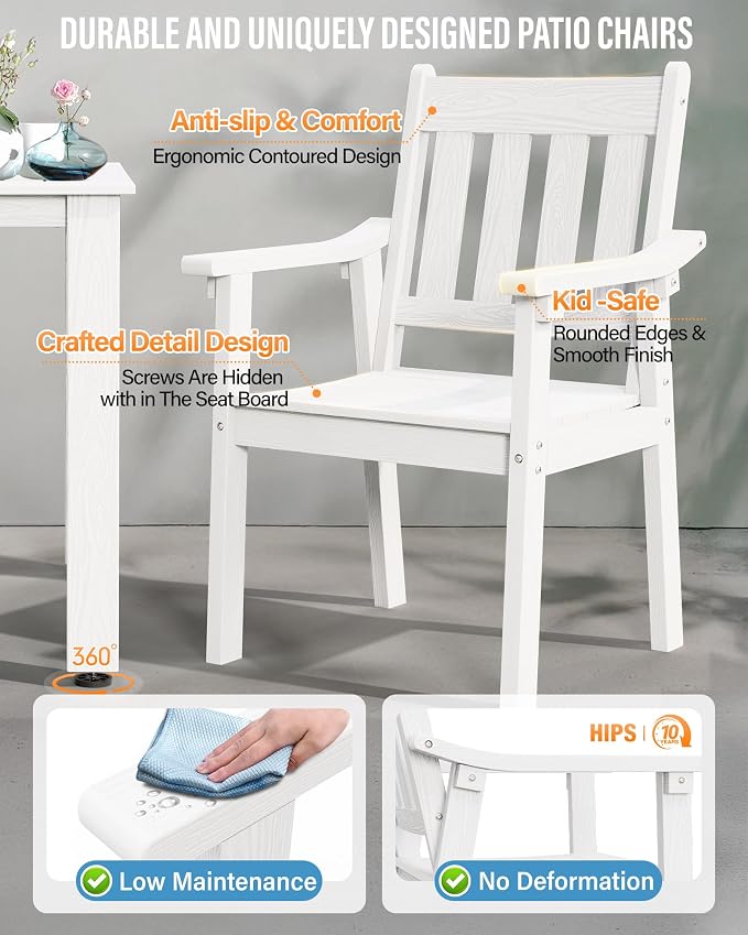 YEFU Outdoor Patio Chairs Set of 2: All Weather Outdoor Dining Chairs with Wide Curved Seat and Backrest - Plastic Patio Chairs for Outside Backyard/Garden/Pool/Porch/Deck 350lbs Capacity White