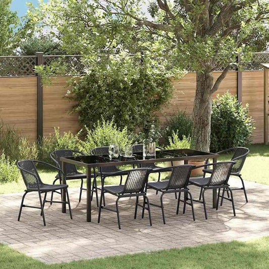 9-Piece Outdoor Dining Set, Black Powder-Coated Steel Patio Furniture, Rectangular Table and 8 Comfortable Garden Chairs for Backyard Hosting