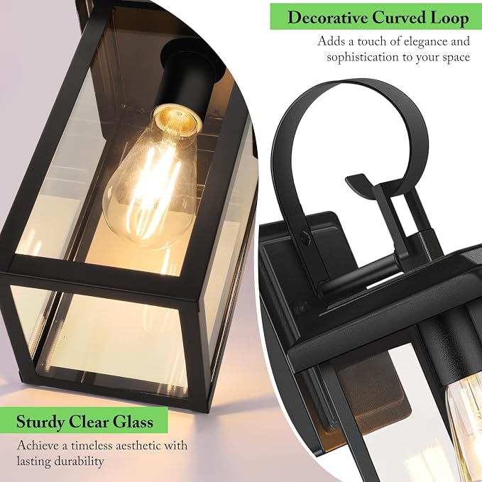 BesLowe 2-Pack 15” Outdoor Wall Light Fixtures, Black Modern Porch Sconces | Waterproof, Rust-Resistant, Durable Metal with Clear Glass, Standard E26 Socket, Easy to Install
