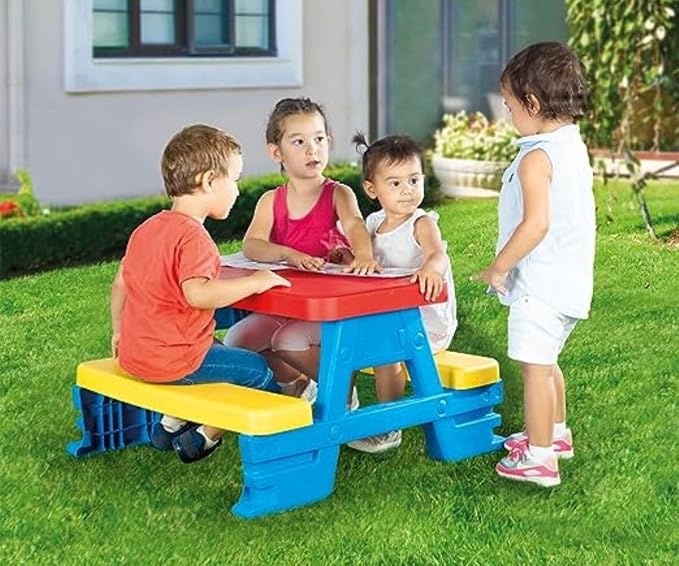 DOLU : Big Plastic Picnic Table for 4 - Blue, Red, Yellow - Indoor & Outdoor Use, 44lb Capacity, 44x77x71, Designed for Toddlers & Kids Ages 2+