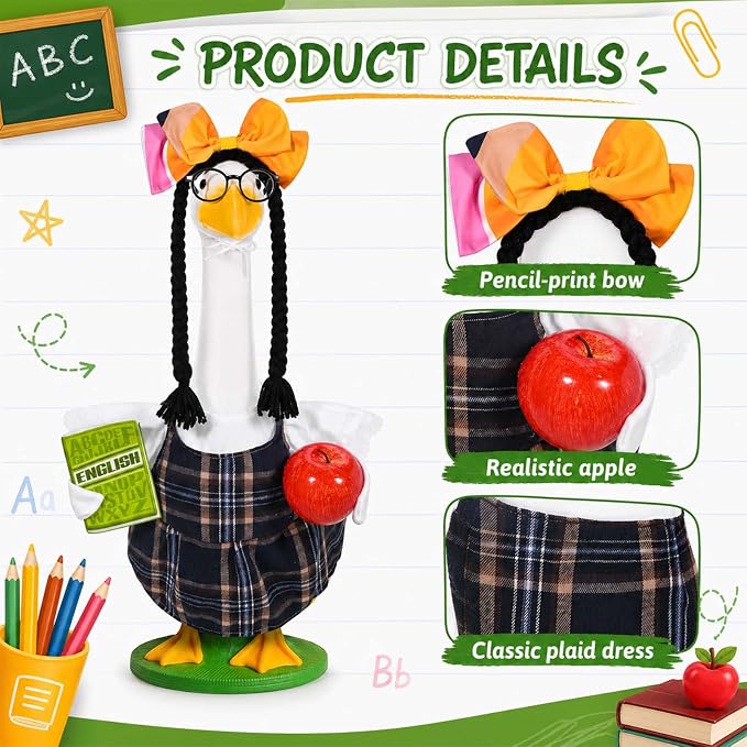 JcHrmers Teacher Porch Goose Outfits Back to School Goose Outfits Lawn Goose Clothes Fits 23" Cement Plastic Goose Statue for School Classroom Outdoor Garden Yard Patio Decor