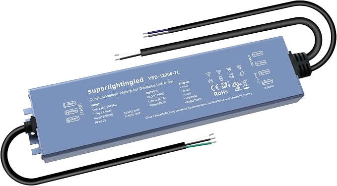 12VDC 200W 0/1-10V&TRIAC Dimmable UL-Listed Waterproof IP67 Thinner Power Supply 110V to 12V Low Voltage Transformer Adapter for IP68 LED Strip Lights, Outdoor Underwater, Wash Wall, Fountain Lights