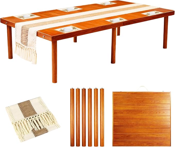Folding Picnic Table with Table Runner and Placemat, 60*30 in Wooden Picnic Table for Outdoors, Boho Low Coffee Table for Sitting on The Floor, for Beach, Park, Garden, Camping, Travel(Brown)