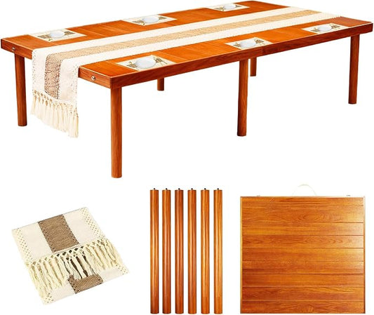 Folding Picnic Table with Table Runner and Placemat, 60*30 in Wooden Picnic Table for Outdoors, Boho Low Coffee Table for Sitting on The Floor, for Beach, Park, Garden, Camping, Travel(Brown)