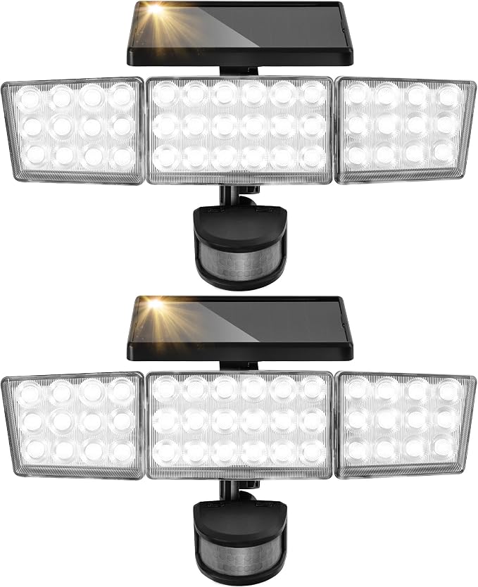 Solar Lights Outdoor, 3500LM 168 LED Motion Sensor Solar Flood Lights, 3 Heads 300° Wide Angle, 3 Modes IP65 Waterproof Solar Security Lights for Yard Garden Patio, 2 Pack (Black)