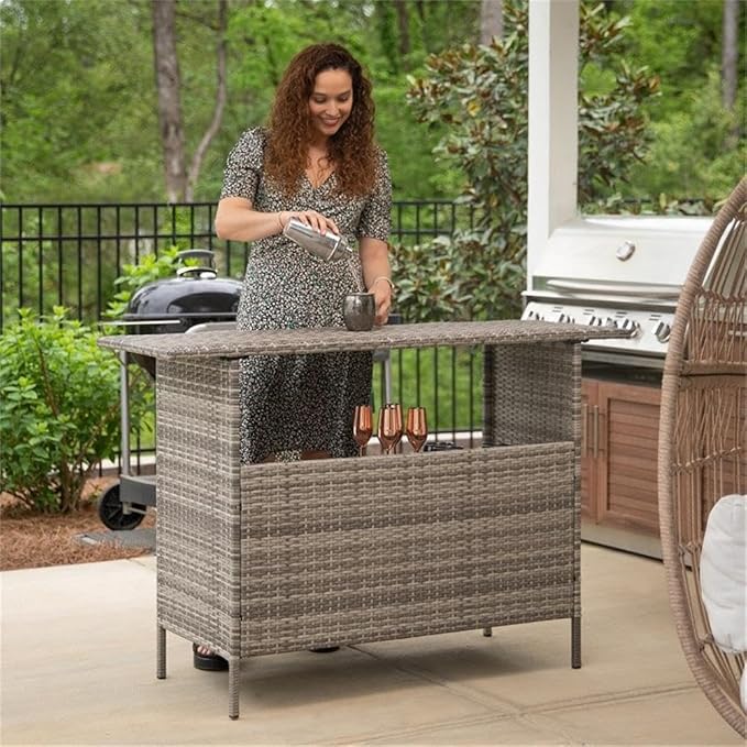 Afuera Living Wicker Rattan Patio Bar Counter Table, 54" W x 18" D x 36" H, Gray Finish, Indoor/Outdoor UV-Resistant All-Weather Metal Frame with Two Shelves, Counter Height for Barstools