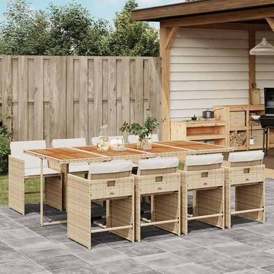 9-Piece Patio Dining Set with Cushions Beige PE Rattan Outdoor Furniture Set for Backyard Garden Balcony Porch Foldable Chairs & Acacia Wood Table