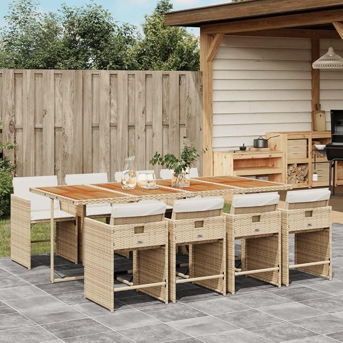 9 Piece Patio Dining Set, 8-Seater Outdoor Garden Furniture with Foldable Chairs, Acacia Wood Tabletop, PE Rattan Wicker Set for Backyard Deck, Beige Cushions