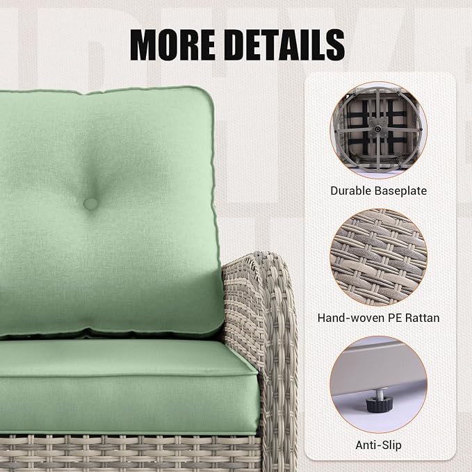6-Piece Patio Rocking Swivel Chair Outdoor Wicker Rattan Bistro Set with Tempered Glass Side Table, Outdoor Patio Furniture Set for Garden, Deck, and Balcony, Light Green