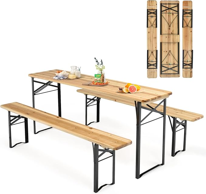 Goplus Foldable Picnic Table with Benches, 3-Piece 70” Portable Beer Garden Table with Sturdy Steel Frame, Folding Wooden Picnic Tables for Outdoors, Patio, Backyard