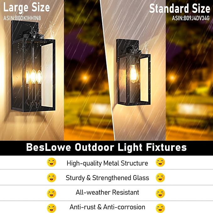 BesLowe 20’’ Large Outdoor Wall Lights, Modern Black Exterior Wall Lanterns | Waterproof Metal Construction, Rust-resistant, Quick & Easy Installation, Clear Glass Shades & E12 Socket