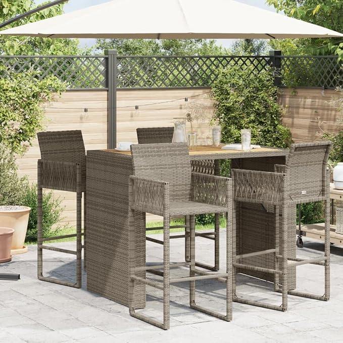 Grey Rectangular Bar Table Solid Acacia Wood Top Powder Coated Steel Frame Modern Outdoor Furniture for Garden Patio Balcony