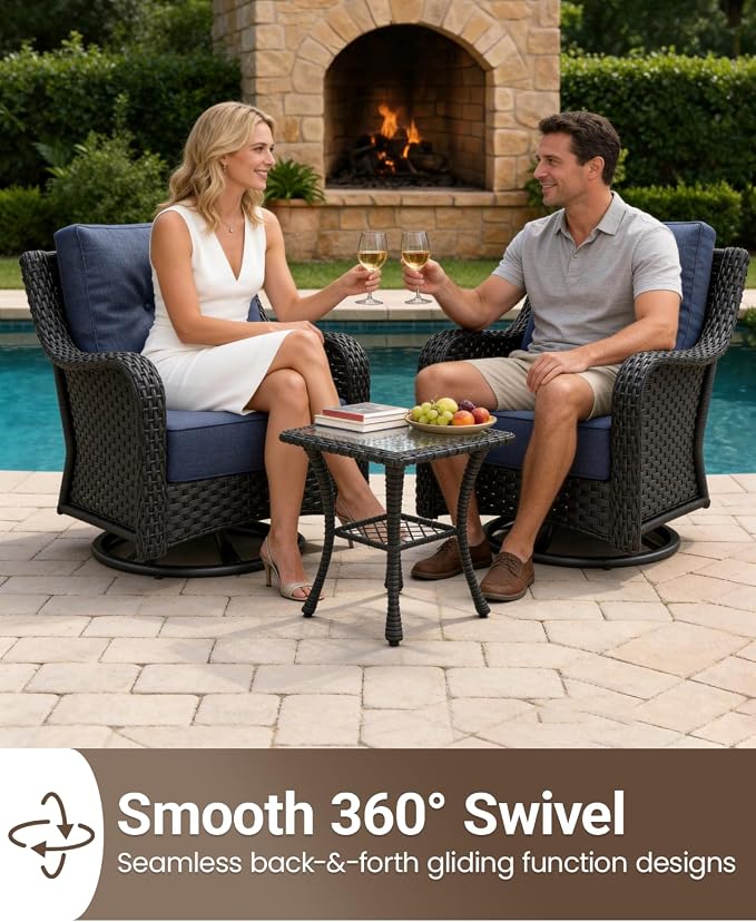 6 Pieces Outdoor Furniture Set with 6-inch Cushions, High Back Wicker Swivel Rocker Chairs with Coffee Table, Luxury Conversation Set for Deck Patio and Poolside