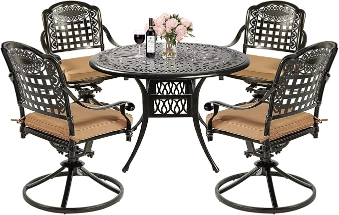 MEETWARM 5-Piece Outdoor Patio Dining Set, All-Weather Cast Aluminum Patio Conversation Set with 4 Cushions Swivel Rocker Chairs for Backyard Garden Deck and 35.4" Round Table, 2.2" Umbrella Hole