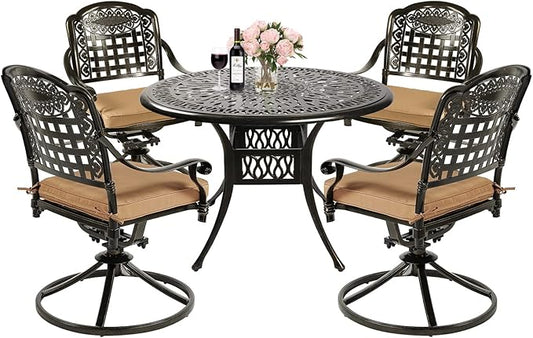 MEETWARM 5-Piece Outdoor Patio Dining Set, All-Weather Cast Aluminum Patio Conversation Set with 4 Cushions Swivel Rocker Chairs for Backyard Garden Deck and 35.4" Round Table, 2.2" Umbrella Hole