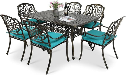 VIVIJASON 7-Piece Outdoor Furniture Dining Set, All-Weather Cast Aluminum Patio Conversation Set, Include 6 Cushioned Chairs and a Rectangle Table with Umbrella Hole, Ocean Blue Cushion