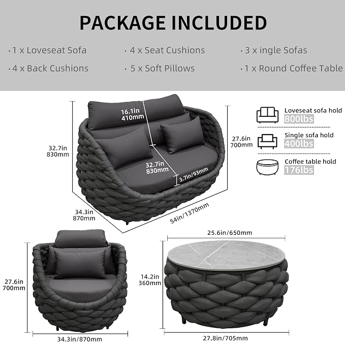 TWT Outdoor Patio Furniture Set-6 Pieces Aluminum Sectional Sofa, Metal Patio Conversation Set with Loveseat & Armchair, Textile Rope and Coffee Table, Dark Grey