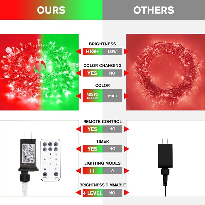 JMEXSUSS 100 LED Red & Green Christmas Lights Plug in, Halloween Lights | Christmas String Lights Indoor, 33ft Connectable Color Changing Light Outdoor for Party Decor