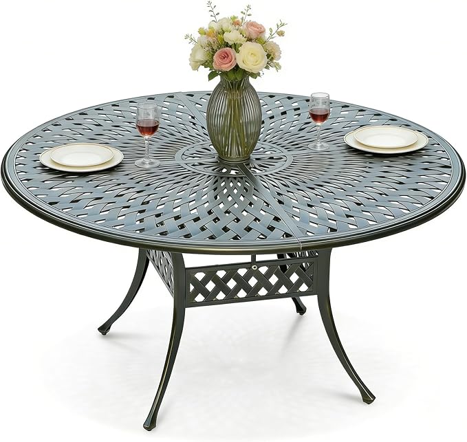 MEETWARM 61" Round Cast Aluminum Patio Dining Table, Weather-Resistant Large Outdoor Dining Table for 8 Person, Patio Furniture Table with Umbrella Hole and Adjustable Foot Pads, Dark Bronze