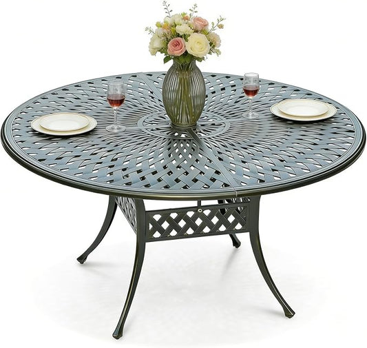 MEETWARM 61" Round Cast Aluminum Patio Dining Table, Weather-Resistant Large Outdoor Dining Table for 8 Person, Patio Furniture Table with Umbrella Hole and Adjustable Foot Pads, Dark Bronze
