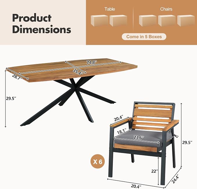 7 Pieces Metal Patio Dining Table Set with Acacia Wood, 74.8" Large Dinner Table, 6 Chairs with Dual-Layer Iron and Detachable Cushions, Outdoor or Indoor Furniture for Garden or Backyard, Black Gray