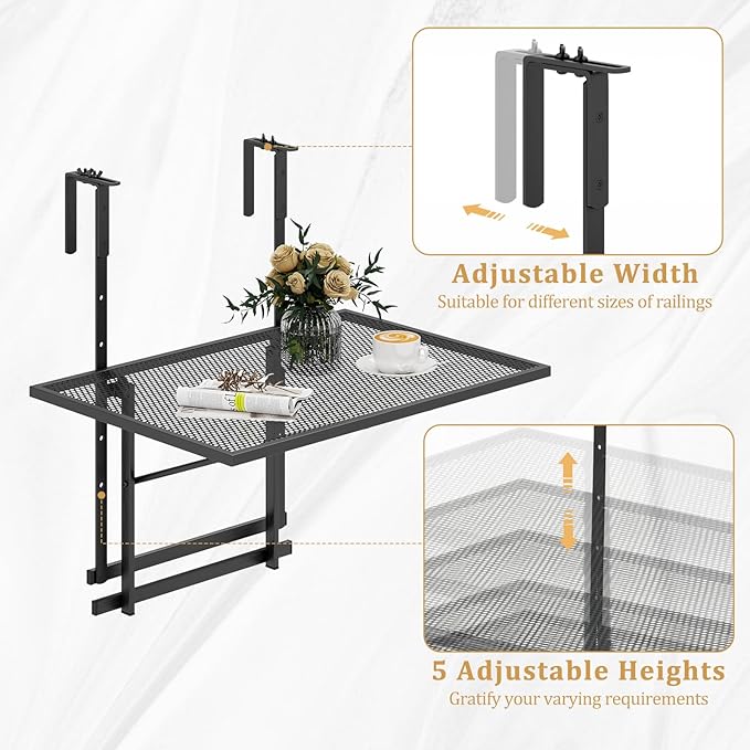 HAPPYGRILL Balcony Railing Table, Outdoor Folding Hanging Table with 5 Adjustable Heights, Heavy Duty Metal Hanging Bar Table for Patio, Garden and Deck