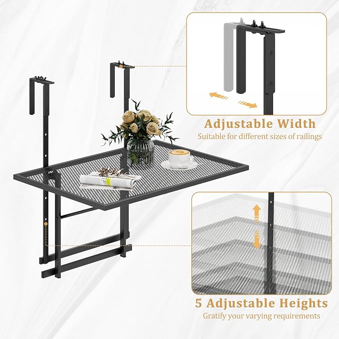 LDAILY Balcony Railing Table, Large Metal Folding Hanging Table with 5-Level Adjustable Height, Heavy-Duty Outdoor Bar Table Fits 1.4”-4” Railings for Patio, Porch, Deck, Black