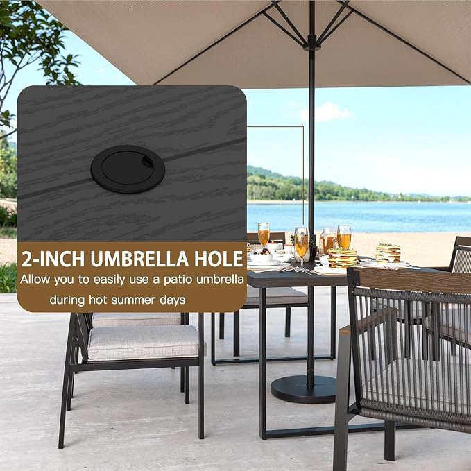 5-Piece Patio Dining Table and Chair Sets, Outdoor Metal Dining Furniture Set with Umbrella Hole, 4pcs Patio Chairs with Cushions for Backyard, Deck (Black/Brown, 5Pcs)