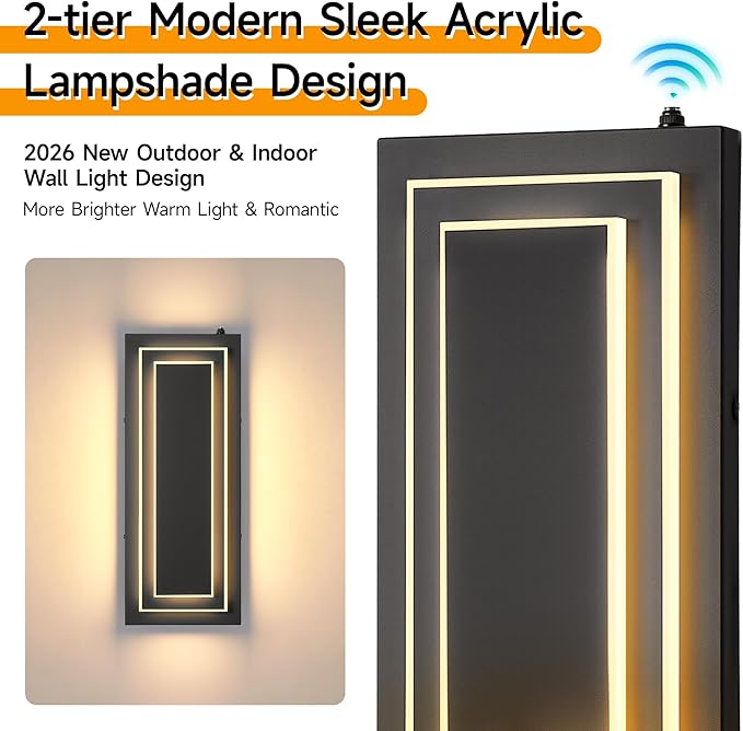 Dusk to Dawn Outdoor Wall Light,Exterior Light Fixtures 15.7 in,24W | 2-Tier Black Modern Outside Lights For House,Porch,Garage,Front Door,Patio With 3000K Warm White LEDs,Waterproof, 1 Pack