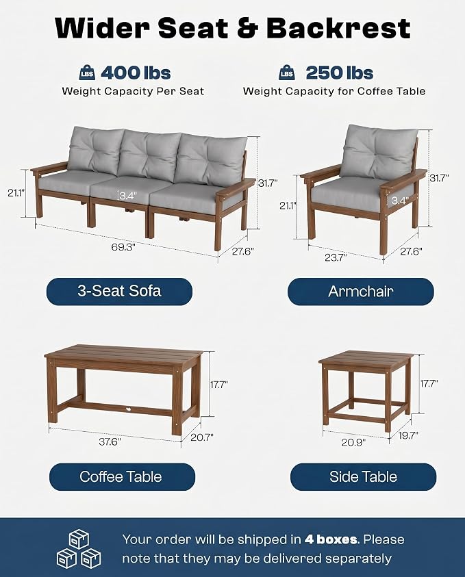 3-Piece Teak Outdoor Sofa Set, 3×3-Seat HDPE Sofas with Thick Beige Cushions, Large Patio Conversation Seating for Backyard, Deck, Garden