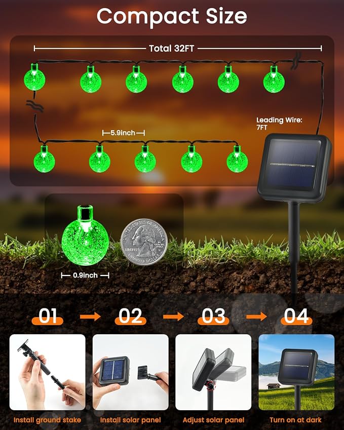 LORRYTE Solar String Lights Outdoor 2 Pack 64FT 100 LED Green Patio Lights | Crystal Globe, IP65 Waterproof, Auto On/Off, 8 Modes Solar Powered Light for Outside Halloween Party Garden Yard Decorations