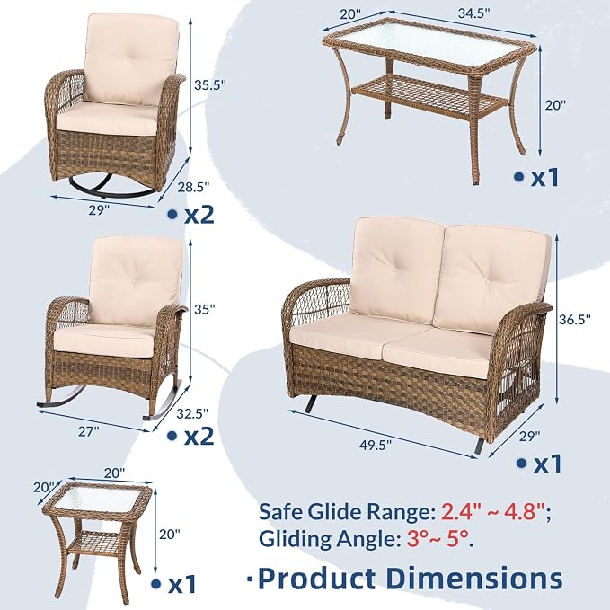 7-Piece Wicker Patio Furniture Sets Outdoor All-Weather Rattan Conversation Set Includes Glider Loveseat, 2 Glass-Top Coffee Tables, 2 Swivel-Rocker Chairs for Porch Backyard, Light Brown