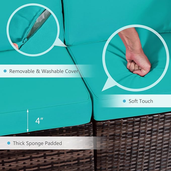Tangkula 7 Piece Patio Furniture Set with Fire Pit Table, Patiojoy Outdoor PE Wicker Conversation Sectional Sofa Set with 30 Inches 50,000 BTU Propane Fire Pit Table, Waterproof PVC Cover (Turquoise)