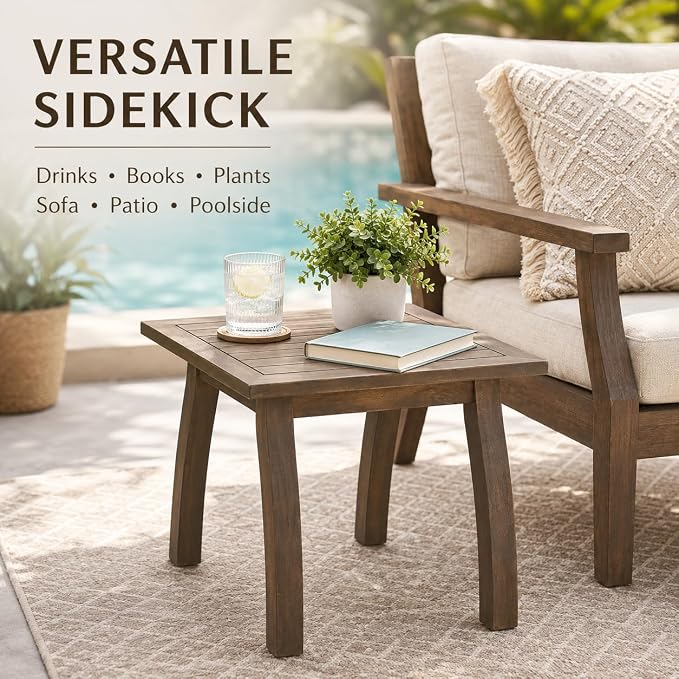 Selma Acacia Wood Outdoor Side Table, Weather Resistant Slatted Design Patio Coffee End Table, Decorative Decorated Accent Table for Balcony Beach Poolside, Natural Stained (Grey + Acacia Wood)
