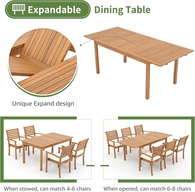 OC Orange-Casual 5 Piece Patio Dining Set, Outdoor Acacia Wood Furniture Set, Extendable Rectangular Solid Table and 4 Stackable Chairs for Lawn Backyard Deck, White Cushion