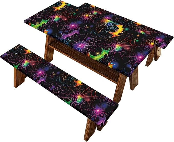 Halloween Picnic Table Cover with Bench Covers Lightweight Camping Essentials, Oil-Proof Waterproof 3PCS Tablecloth with Elastic, Fitted for Table 6FT Rectangle and Seats