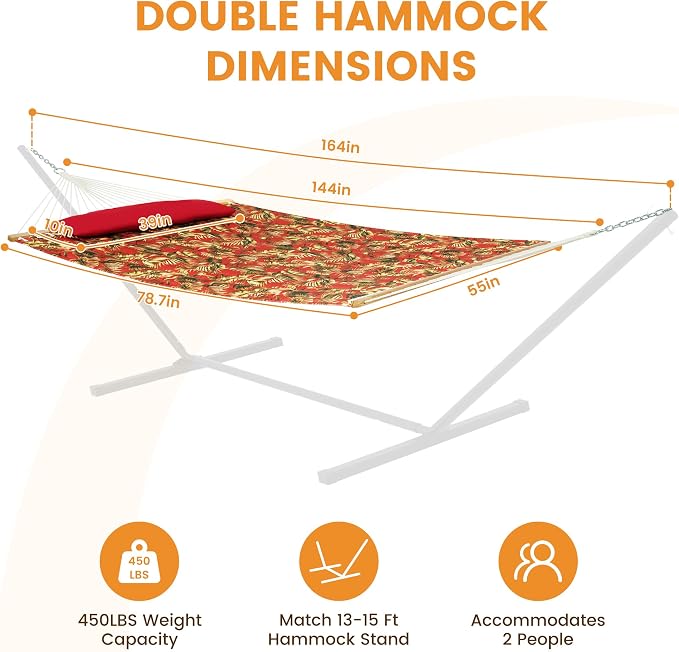 Lazy Daze Hammocks 12FT Quilted Fabric Hammock with Soft Pillow, Double 2 Person Tree Hammock with Spreader Bar for Outside Patio Poolside Backyard Beach, 450 lbs Capacity, Red Leaf